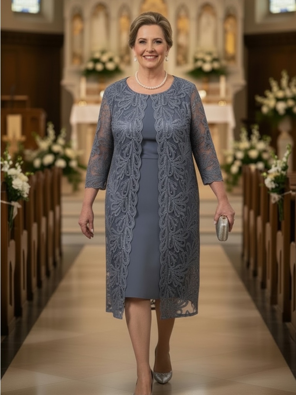 Alex Evenings Slate Blue Lace Overlay Dress